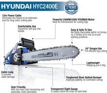 Load image into Gallery viewer, Hyundai HYC2400E Electric Chainsaw 2400W 16in 40cm Bar 15m/s Chain 230V Corded Garden Saw