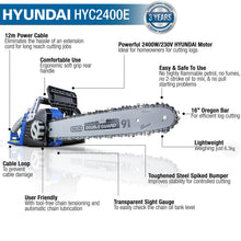Load image into Gallery viewer, Hyundai HYC2400E Electric Chainsaw 2400W 16in 40cm Bar 15m/s Chain 230V Corded Garden Saw