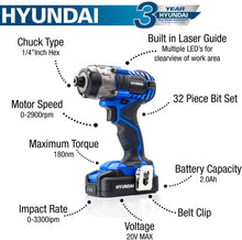 Load image into Gallery viewer, Hyundai 20V MAX 180Nm Li-Ion Cordless Impact Driver and 32-Piece Drill Bit Accessory Set | HY2177
