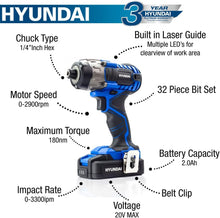 Load image into Gallery viewer, Hyundai 20V MAX 180Nm Li-Ion Cordless Impact Driver and 32-Piece Drill Bit Accessory Set | HY2177