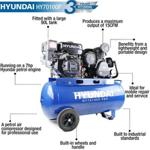 Load image into Gallery viewer, Hyundai 90 Litre Air Compressor, 10.7CFM/145psi, Petrol 7hp | HY70100P