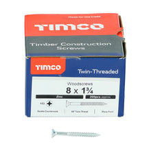 Load image into Gallery viewer, TIMCO Twin-Threaded Countersunk Silver Woodscrews - 8 x 1 3/4 Box OF 200 - 08134CWZ
