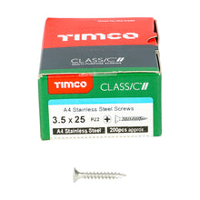 Load image into Gallery viewer, TIMCO Classic Multi-Purpose Countersunk A4 Stainless Steel Woodcrews - 3.5 x 25 Box OF 200 - 35025CLA4