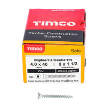 Load image into Gallery viewer, TIMCO Solo Countersunk Silver Woodscrews - 4.0 x 40 Box OF 200 - 40040SQSZ