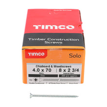 Load image into Gallery viewer, TIMCO Solo Countersunk Silver Woodscrews - 4.0 x 70 Box OF 200 - 40070SOLOZ