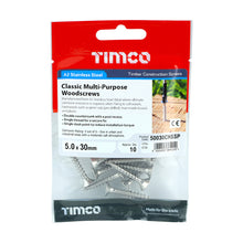 Load image into Gallery viewer, TIMCO Classic Multi-Purpose Countersunk A2 Stainless Steel Woodcrews - 5.0 x 30 TIMpac OF 10 - 50030CHSSP