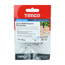 Load image into Gallery viewer, TIMCO Classic Multi-Purpose Countersunk A2 Stainless Steel Woodcrews - 5.0 x 40 TIMpac OF 10 - 50040CHSSP