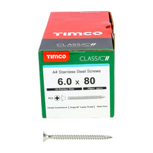 Load image into Gallery viewer, TIMCO Classic Multi-Purpose Countersunk A4 Stainless Steel Woodcrews - 6.0 x 80 Box OF 200 - 60080CLA4