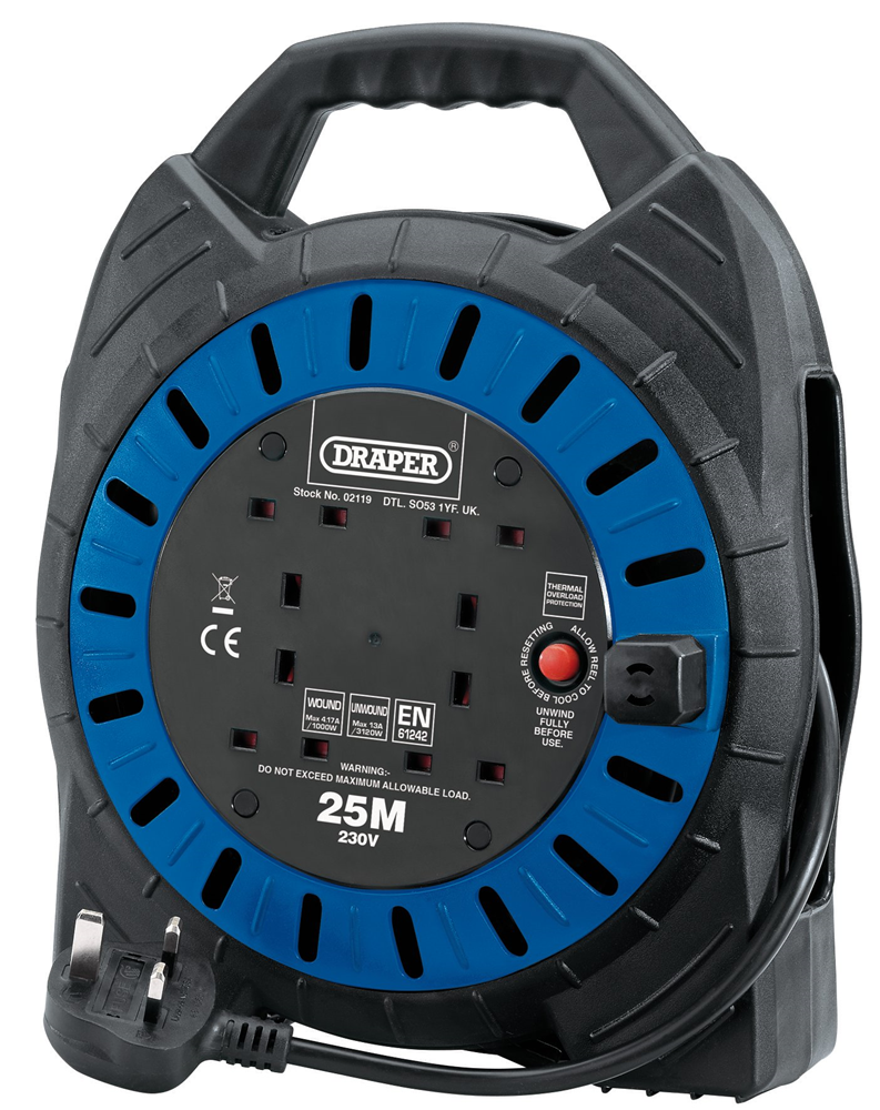Draper CABLE REEL 25M/13A 02119 230V Four Socket Cable Reels ...