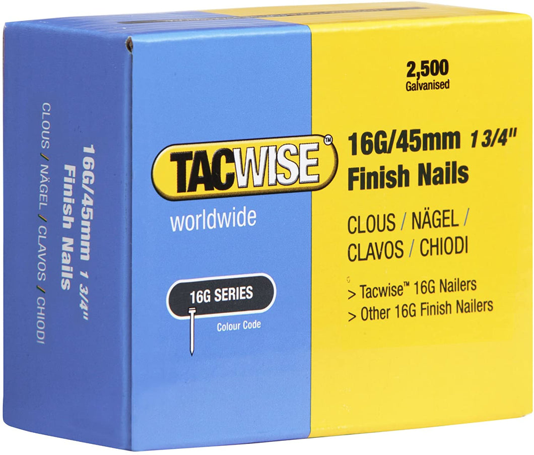 Tacwise 16G/45mm Finish Nails, 0297, 16G Finish Nails Pack of 2500, Galvanised
