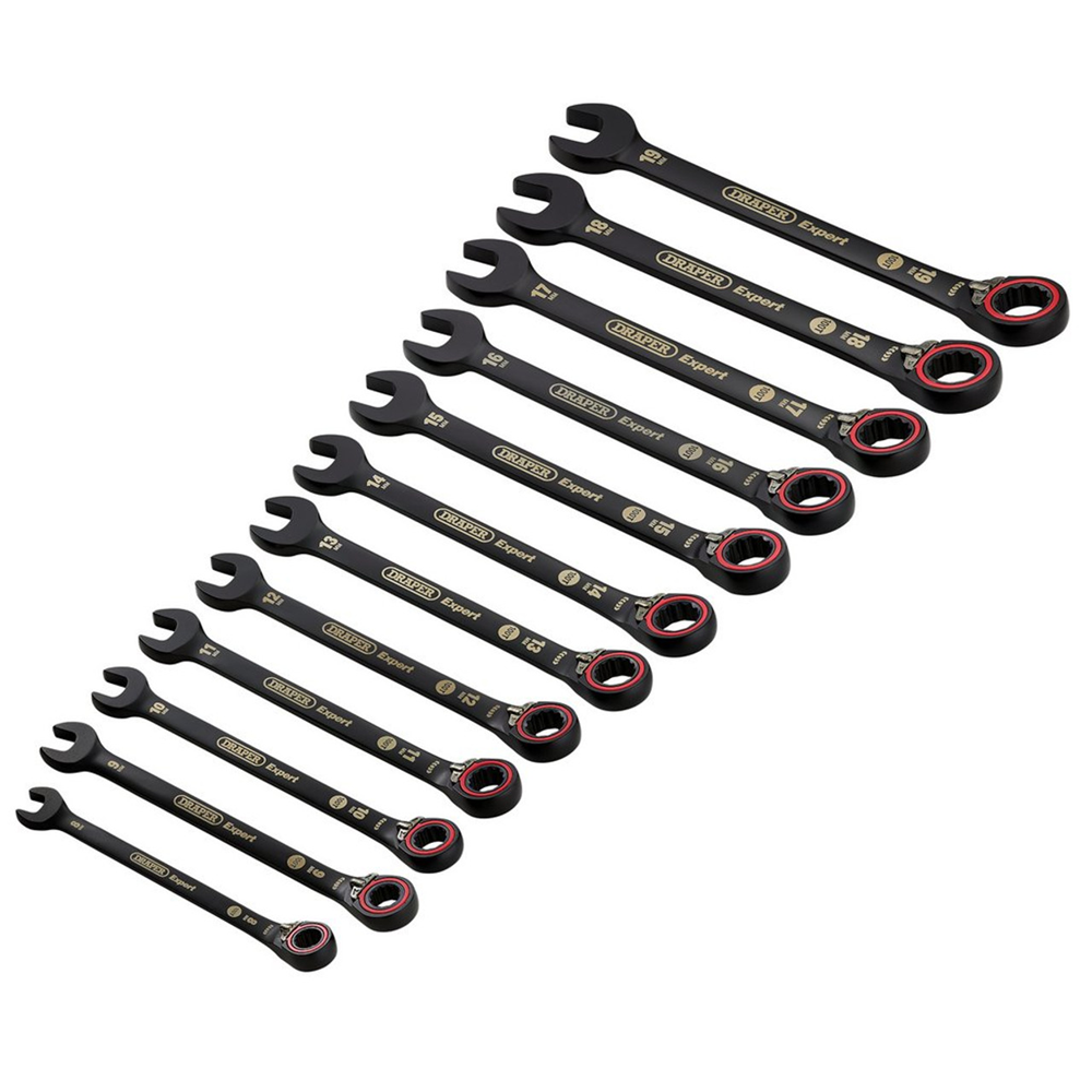 Draper 12PC REVERS.RATCHET SPAN. SET 03912 HI-TORQÂ® Metric Reversible Ratchet Combination Spanner Set, Black (12 Piece)