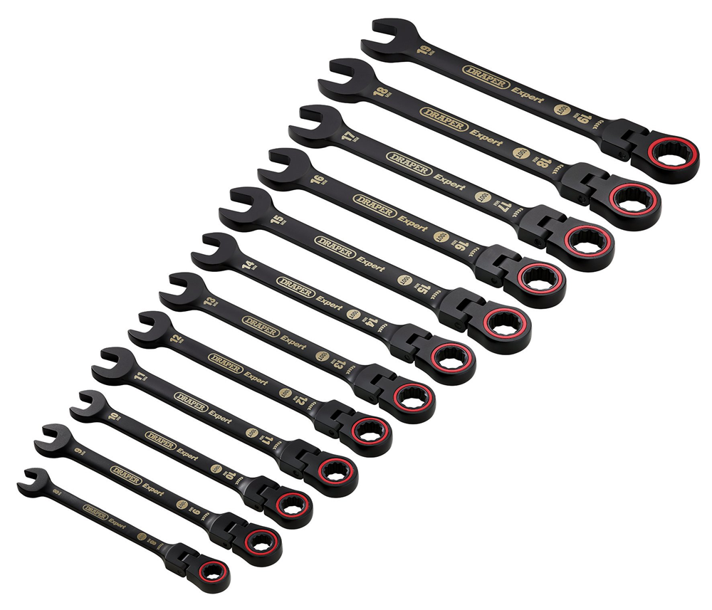 Draper 12PC FLEX HEAD RATCHET SPANNER 03929 HI-TORQÂ® Metric Flexible Head Ratchet Combination Spanner Set, Black (12 Piece)