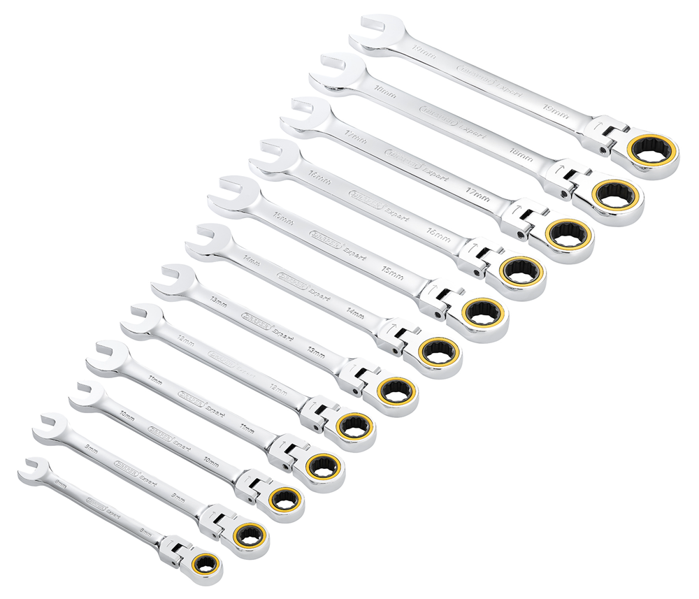 Draper 12PC FLEX HEAD RATCHET SPANNER 03932 HI-TORQÂ® Metric Flexible Head Ratchet Combination Spanner Set (12 Piece)