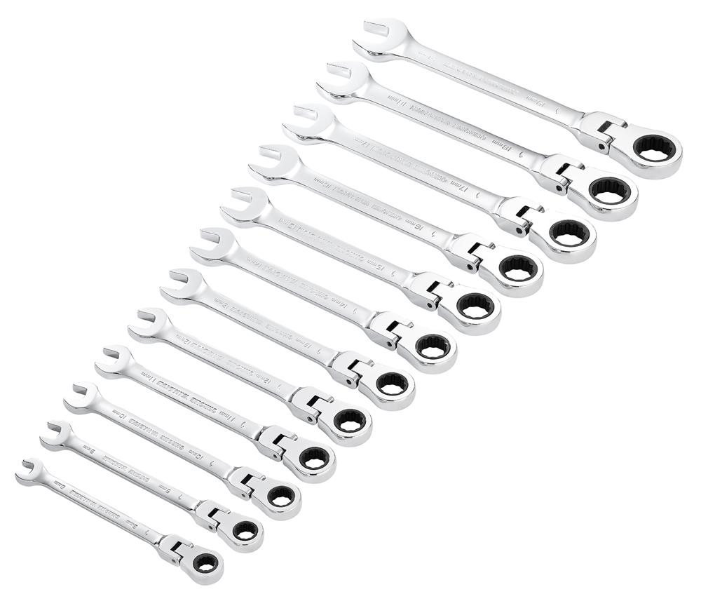 Draper 12PC FLEX HEAD RATCH SPANN SET 27733 27733 HI-TORQÂ® Metric Flexible Head Ratchet Combination Spanner Set (12 Piece)