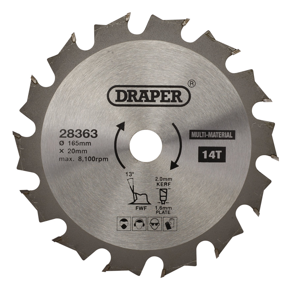 Draper TCT SAW BLADE 165MM 14T MULTI 28363 TCT Multi-Purpose Circular Saw Blade, 165 x 20mm