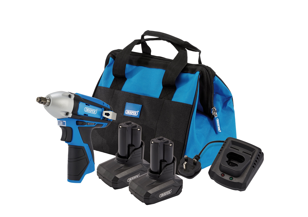 Draper 12V IMPACT WRENCH KIT 4AH 12V Impact Wrench Kit, 2 x 4.0Ah, 1 x Fast Charger, 1 x Tool Bag