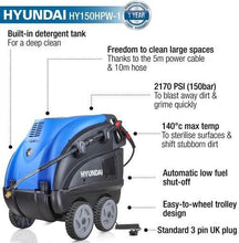 Load image into Gallery viewer, Hyundai HY150HPW-1 2170PSI Hot Pressure Washer 140C 2.8kW Electric Jet Wash
