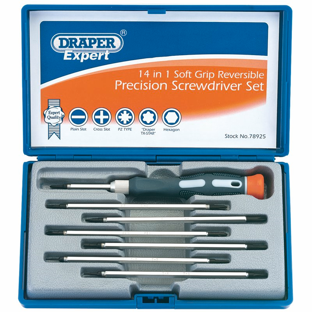 Draper 14/1 REVERSIBLE PREC'N S/D SET 78925 Reversible Precision Screwdriver Set (8 Piece - giving 14 tip sizes)