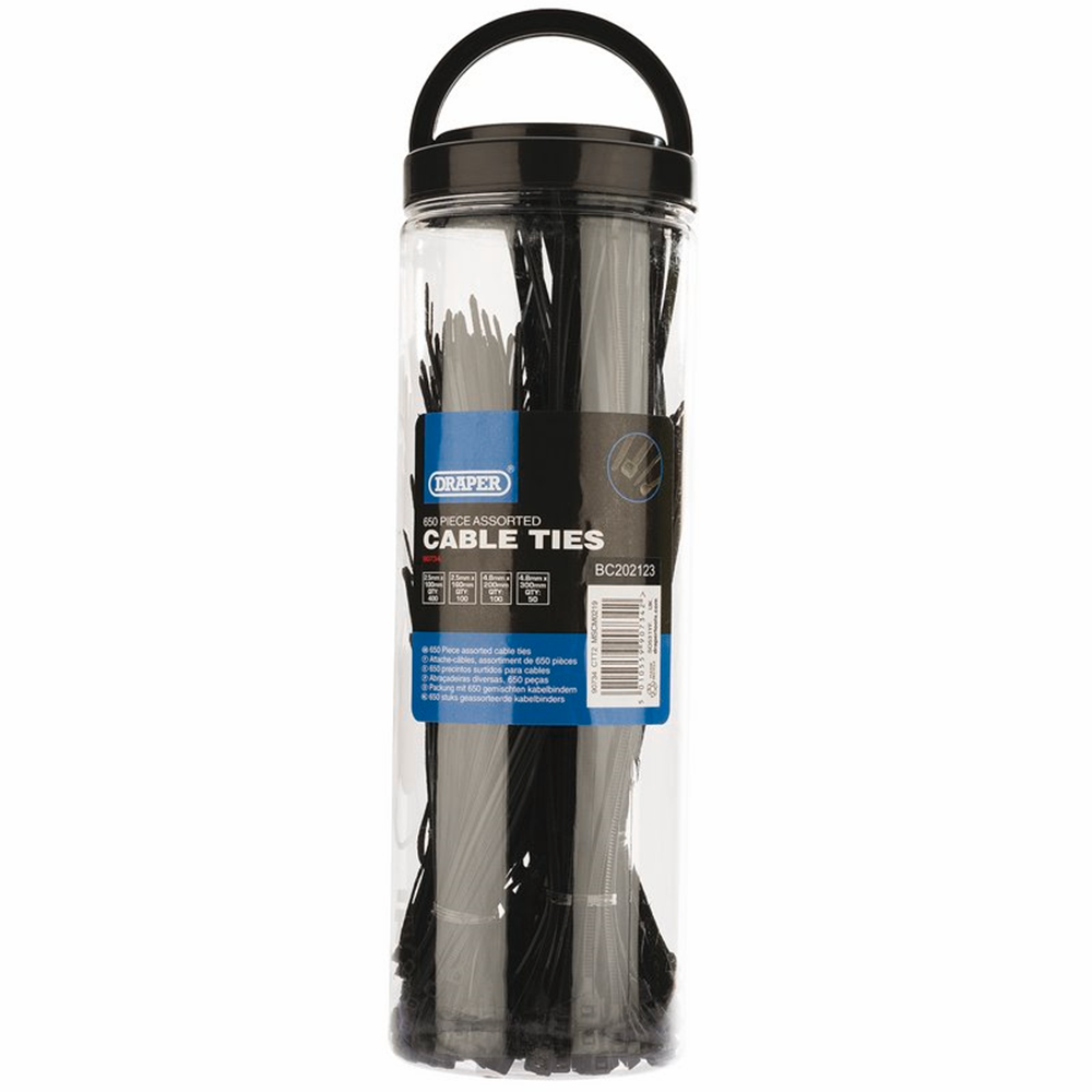 Draper ASSORTED CABLE TIE PACK 650PC 90734 Assorted Nylon Cable Tie Pack (650 Piece)