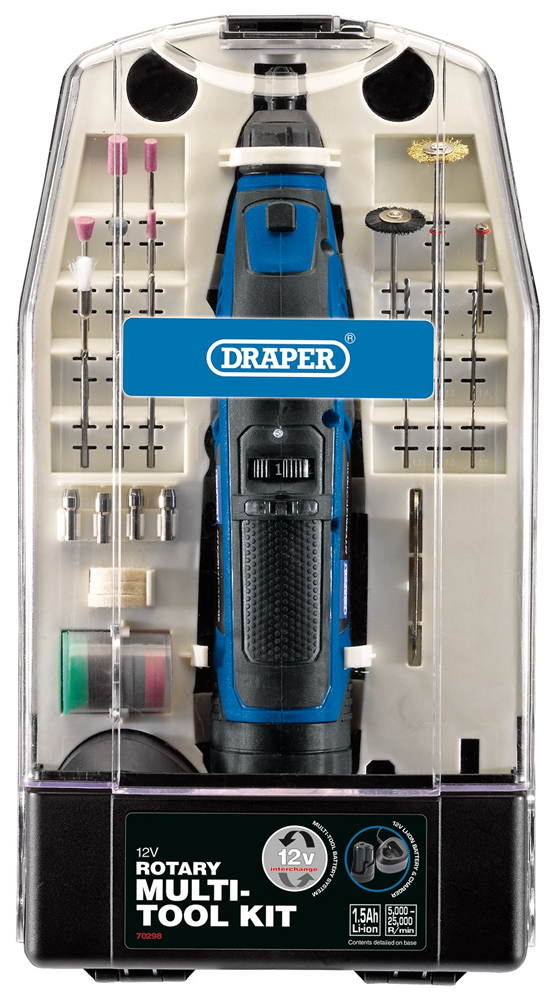 Draper 12V LI ROTARY MULTI TOOL SET 70298 70298 12V Rotary Multi-Tool Kit, 1 x 1.5Ah Battery, 1 x Fast Charger (50 Piece)