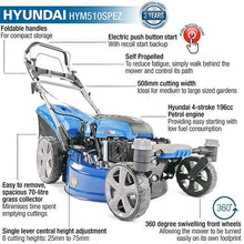 Load image into Gallery viewer, Hyundai HYM510SPEZ Petrol Lawn Mower 196cc 20"/51cm Electric Start Self Propelled Garden Mower
