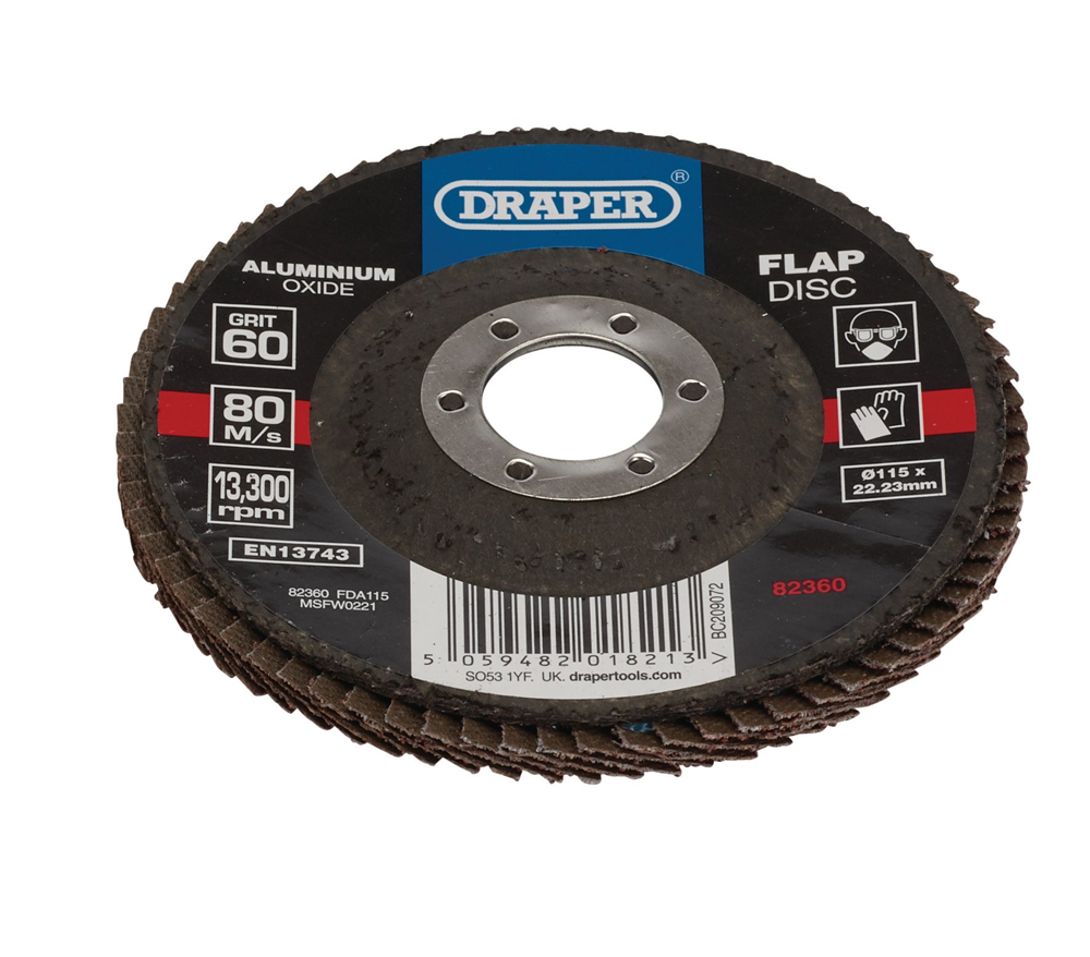 Draper 115MM FLAP DISC 60G ALOX 82360 Aluminium Oxide Flap Discs, 115 x 22.23mm