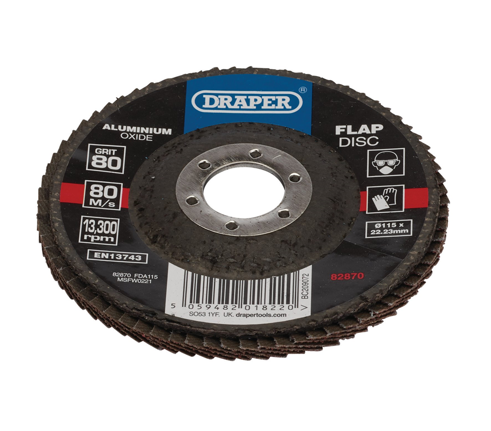 Draper 115MM FLAP DISC 80G ALOX 82870 Aluminium Oxide Flap Discs, 115 x 22.23mm