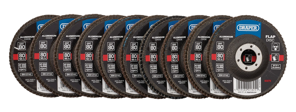 Draper 115MM FLAP DISC 80G ALOX BULK 83070 Aluminium Oxide Flap Discs, 115 x 22.23mm, 80 Grit (Pack of 10)