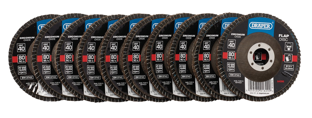 Draper 115MM FLAP DISC 40G ZR BULK 84096 Zirconium Oxide Flap Discs, 115 x 22.23mm