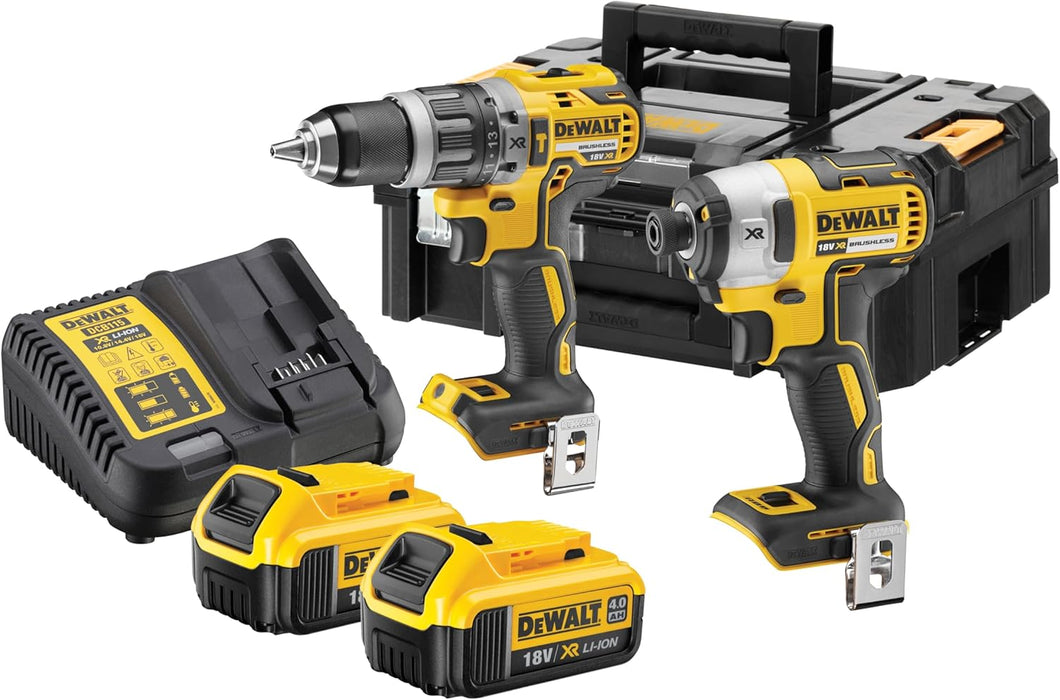 DEWALT TSTAK™ Twin Kit 1 x 18V DCD796 XR Brushless Combi Drill 1 x 18V DCF887 XR Brushless Impact Driver 1 x 10.8-18V DCB115 XR Charger, 2 x 18V 4.0Ah Li-ion Batteries and 1 x TSTAK™ Case
