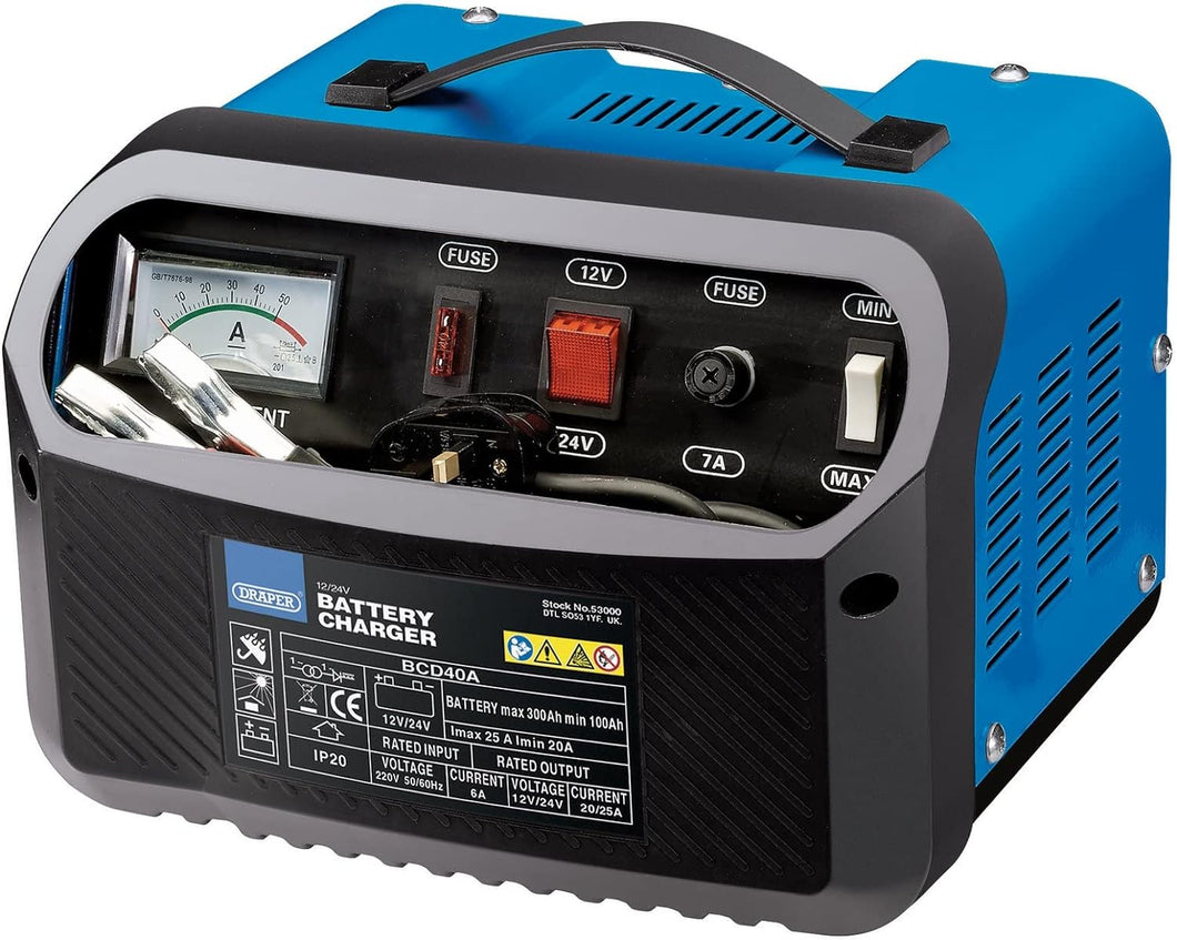 Draper 53000 12/24V Battery Charger, 20-25A, Blue and Black
