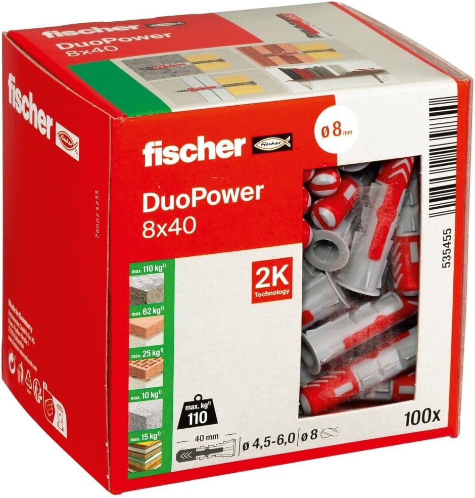 100 fischer DuoPower 8 x 40, powerful universal plug with intelligent technology