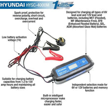 Load image into Gallery viewer, Hyundai  4 Amp SMART Car Battery Charger 6v / 12v | HYSC-4000M
