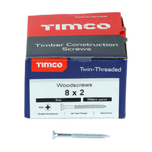 Load image into Gallery viewer, TIMCO Twin-Threaded Countersunk Silver Woodscrews - 8 x 2 Box OF 200 - 00082CWZ
