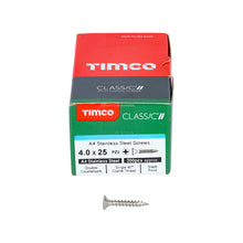 Load image into Gallery viewer, TIMCO Classic Multi-Purpose Countersunk A4 Stainless Steel Woodcrews - 4.0 x 25 Box OF 200 - 40025CLA4
