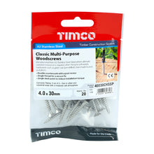 Load image into Gallery viewer, TIMCO Classic Multi-Purpose Countersunk A2 Stainless Steel Woodcrews -All Sizes
