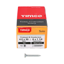 Load image into Gallery viewer, TIMCO Solo Countersunk Silver Woodscrews - 4.0 x 30 Box OF 200 - 40030SOLOZ
