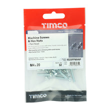 Load image into Gallery viewer, TIMCO Machine Pan Head Screws &amp; Hex Nut Silver - M4 x 20 TIMpac OF 32 - 4020PPMHNP

