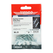 Load image into Gallery viewer, TIMCO Machine Countersunk Screws &amp; Hex Nut Silver - M4 x 25 TIMpac OF 30 - 4025CPMHNP
