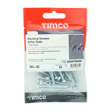 Load image into Gallery viewer, TIMCO Machine Pan Head Screws &amp; Hex Nut Silver - M4 x 12 TIMpac OF 40 - 4012PPMHNP
