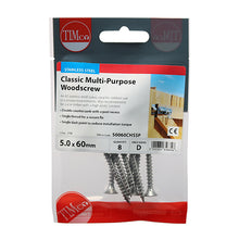 Load image into Gallery viewer, TIMCO Classic Multi-Purpose Countersunk A2 Stainless Steel Woodcrews - 5.0 x 60 TIMpac OF 8 - 50060CHSSP

