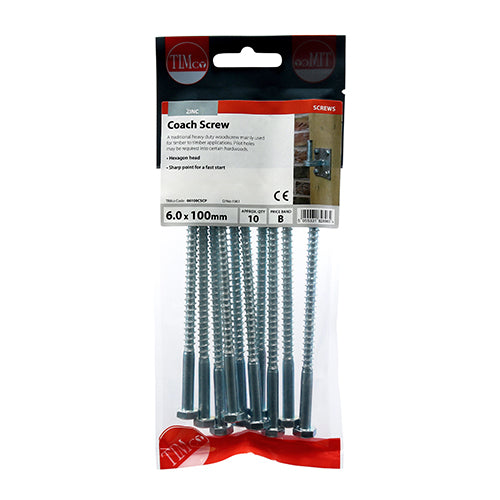 TIMCO Coach Screws Hex Head Silver  - 6.0 x 100 TIMpac OF 10 - 06100CSCP
