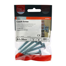 Load image into Gallery viewer, TIMCO Coach Screws Hex Head Silver  - 8.0 x 50 TIMpac OF 5 - 0850CSCP
