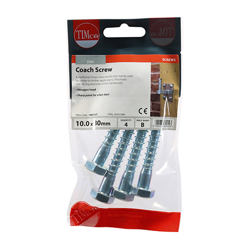 TIMCO Coach Screws Hex Head Silver  - 10.0 x 80 TIMpac OF 4 - 1080CSCP