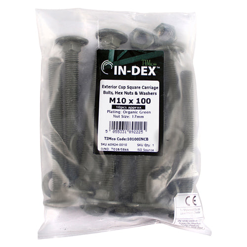 TIMCO Carriage Bolts DIN603 Hex Nuts & Form A Washers Green Exterior - M10 x 220 Bag OF 10 - 10220INCB