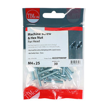 Load image into Gallery viewer, TIMCO Machine Pan Head Screws &amp; Hex Nut Silver - M4 x 40 TIMpac OF 20 - 4040PPMHNP
