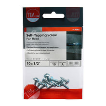 Load image into Gallery viewer, TIMCO Self-Tapping Pan Head Silver Screws - 10 x 1/2 TIMpac OF 10 - 01012CPAZP
