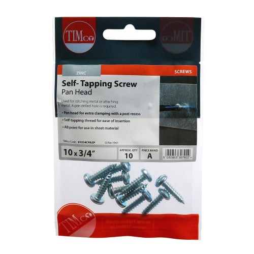 TIMCO Self-Tapping Pan Head Silver Screws - 10 x 3/4 TIMpac OF 10 - 01034CPAZP