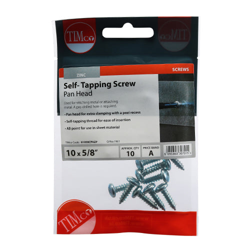 TIMCO Self-Tapping Pan Head Silver Screws - 10 x 5/8 TIMpac OF 10 - 01058CPAZP