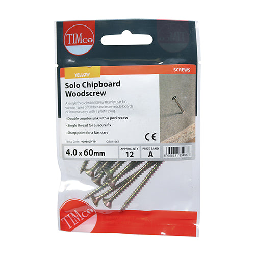 TIMCO Solo Countersunk Gold Woodscrews - 4.0 x 60 TIMpac OF 12 - 40060CHYP